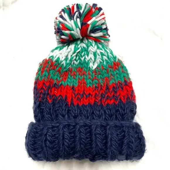 Free People Tide Stripe Knit Pom Beanie Navy Multi Fair Isle Nordic Boho Winter - Picture 6 of 6
